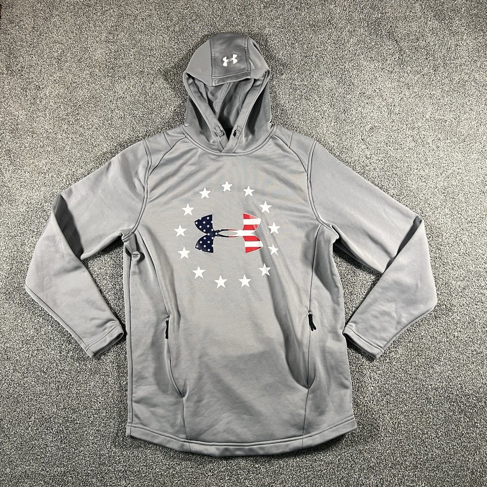 Under Armour Mens Medium Gray USA American Flag Logo Hoodie Fitted Pullover